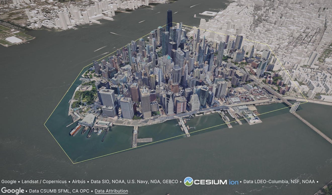 Google Photorealistic 3D Tiles model with Cesium OSM Buildings in New York City