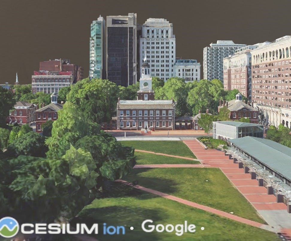 A view of Independence Mall in Philadelphia, PA, USA, visualized with Google Photorealistic 3D Tiles in Cesium for Unity and rendered on the Magic Leap 2 headset.
