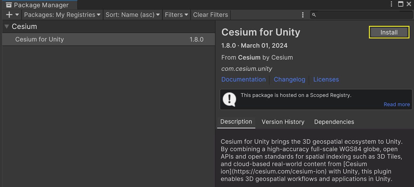 Cesium for Unity tutorial: Building an App for Magic Leap 2. Install Cesium for Unity package.