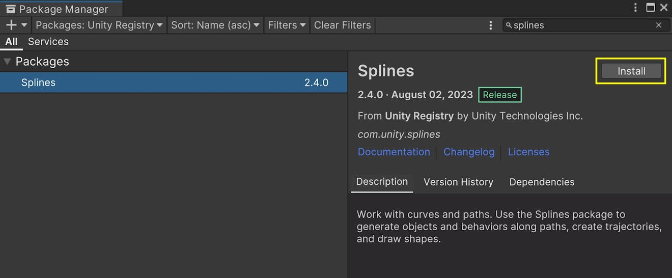 Install splines in Unity