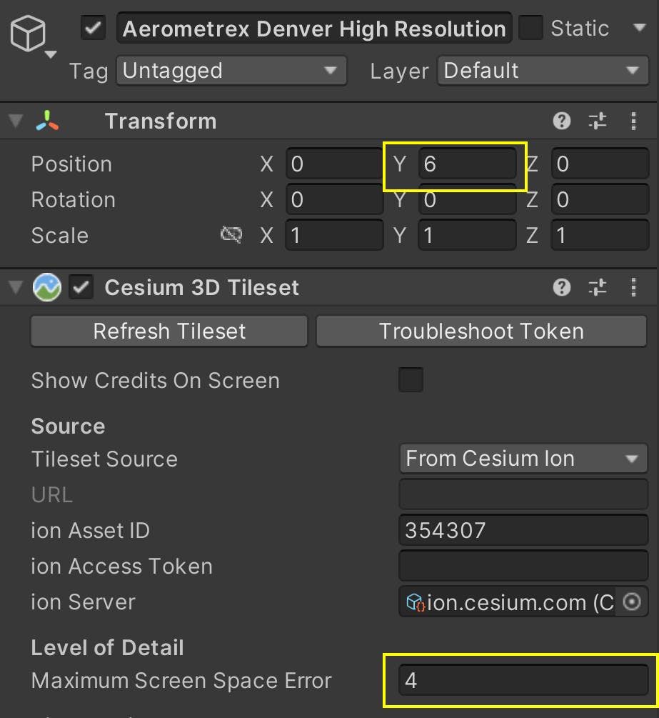 values of position and maximum screen space error