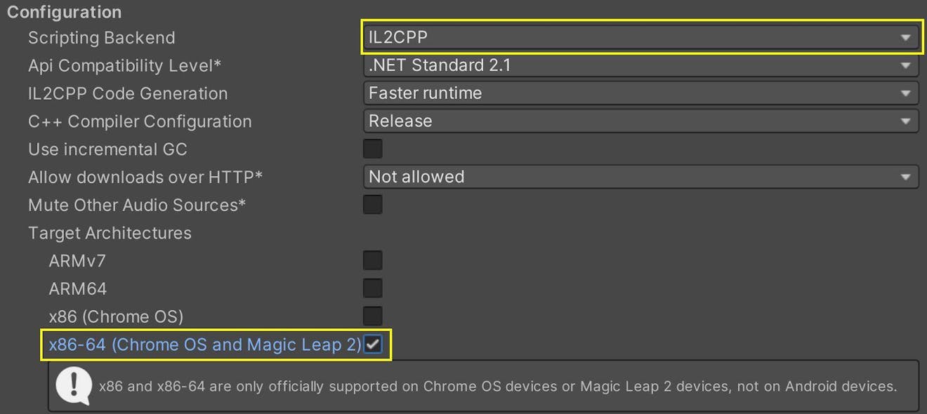 Cesium for Unity tutorial: Building an App for Magic Leap 2. Set the target architecture to x86-64.