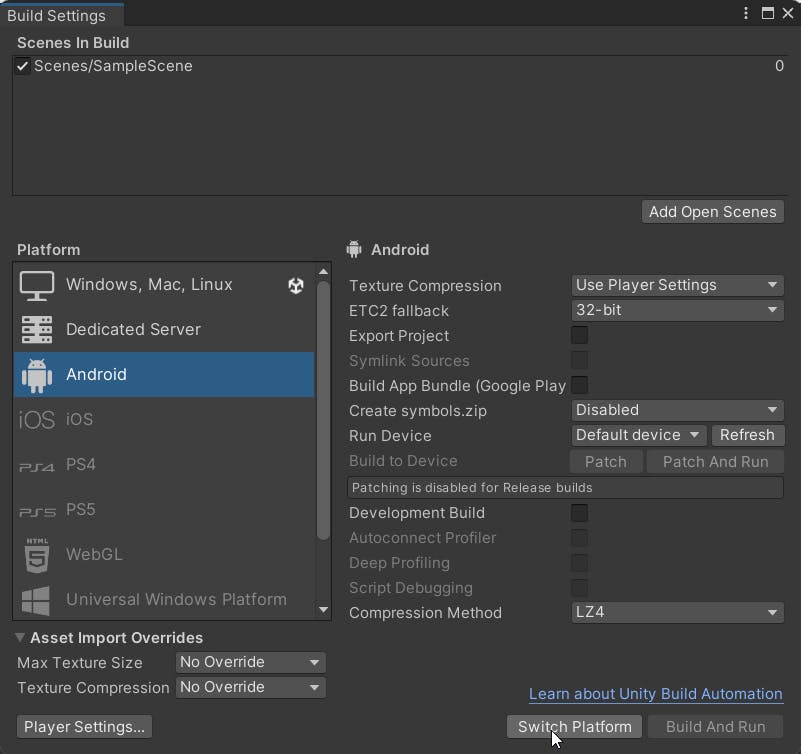 Cesium for Unity tutorial: Building an App for Magic Leap 2. Switch the platform to Android.