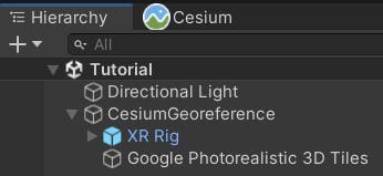 Cesium for Unity tutorial: Building an App for Magic Leap 2. Your scene should include a Directional Light and a CesiumGeoreference containing XR Rig and Google Photorealistic 3D Tiles.