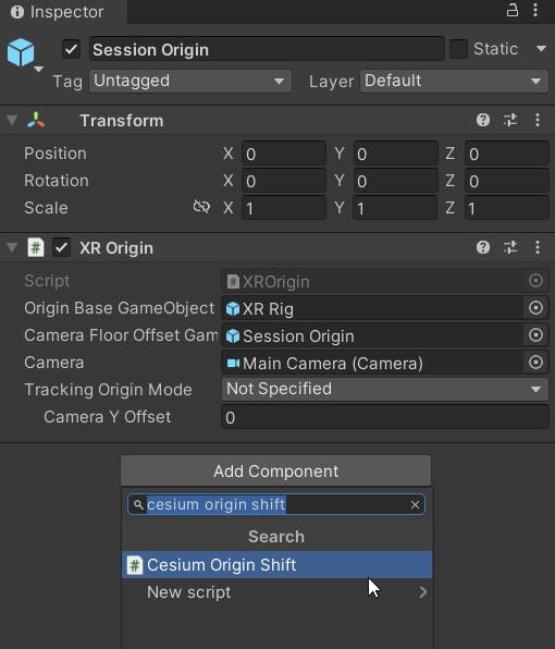 Cesium for Unity tutorial: Building an App for Magic Leap 2. Add a Cesium Origin Shift component to the Session Origin.
