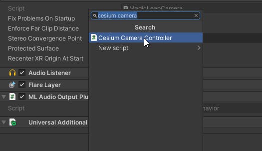Cesium for Unity tutorial: Building an App for Magic Leap 2. Add a Cesium Camera Controller to the Main Camera.