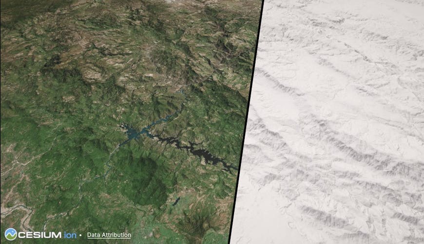 Left: Cesium World Terrain and Bing Maps Aerial imagery, enhanced with shading from USGS Shaded Relief imagery via WMTS in Cesium for Unity. Right: USGS Shaded Relief imagery by itself. Cesium for Unity.