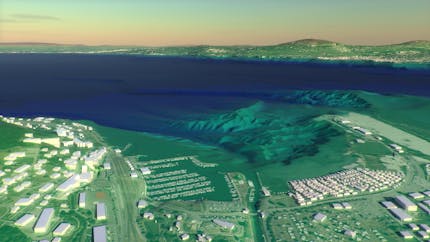 Cesium World Bathymetry and Cesium OSM Buildings for CWB at Lake Geneva, Switzerland, rendered with an elevation gradient in Cesium for Omniverse.
