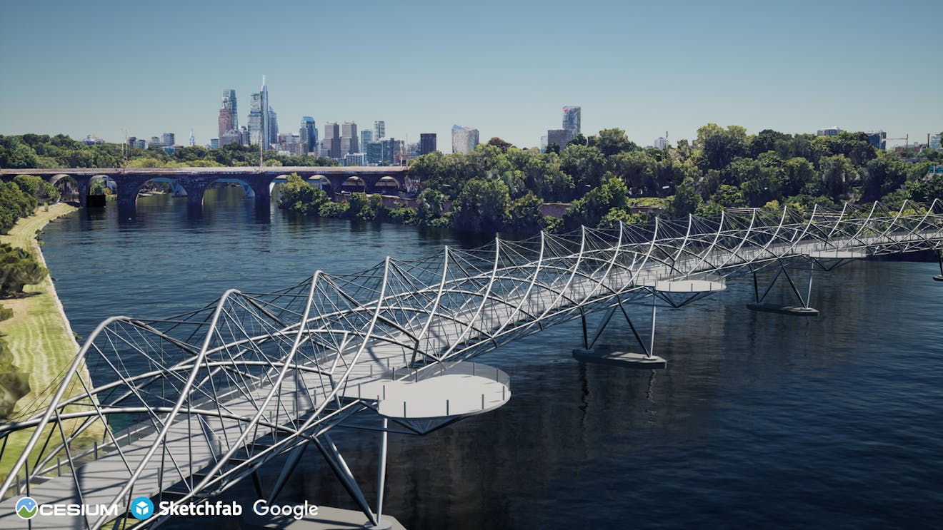 The Schuylkill River with Philadelphia in the background and a 3D model of Singapore's Helix Bridge from Sketchfab in the foreground