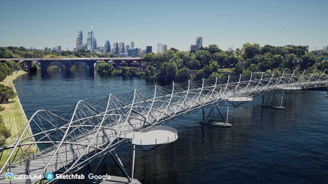 The Schuylkill River with Philadelphia in the background and a 3D model of Singapore's Helix Bridge from Sketchfab in the foreground