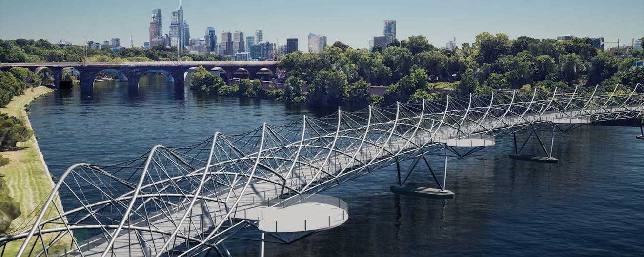 The Schuylkill River with Philadelphia in the background and a 3D model of Singapore's Helix Bridge from Sketchfab in the foreground