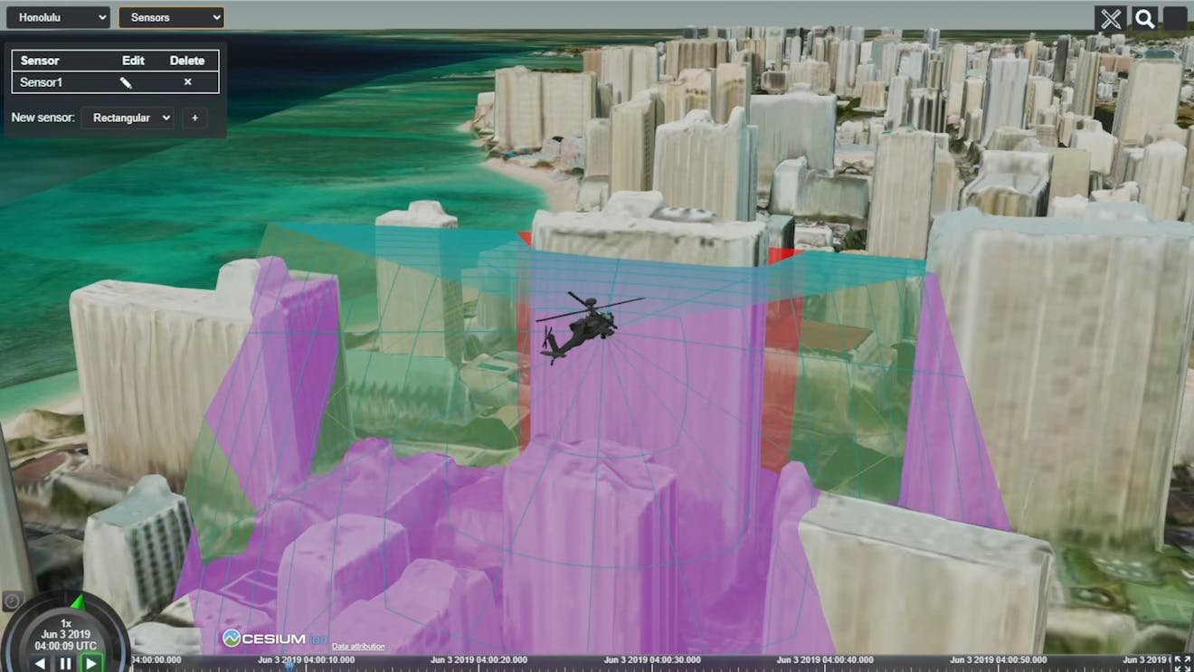 Visualizing time dynamic sensor geometries in CesiumJS using Maxar Precision 3D Mesh of Honolulu