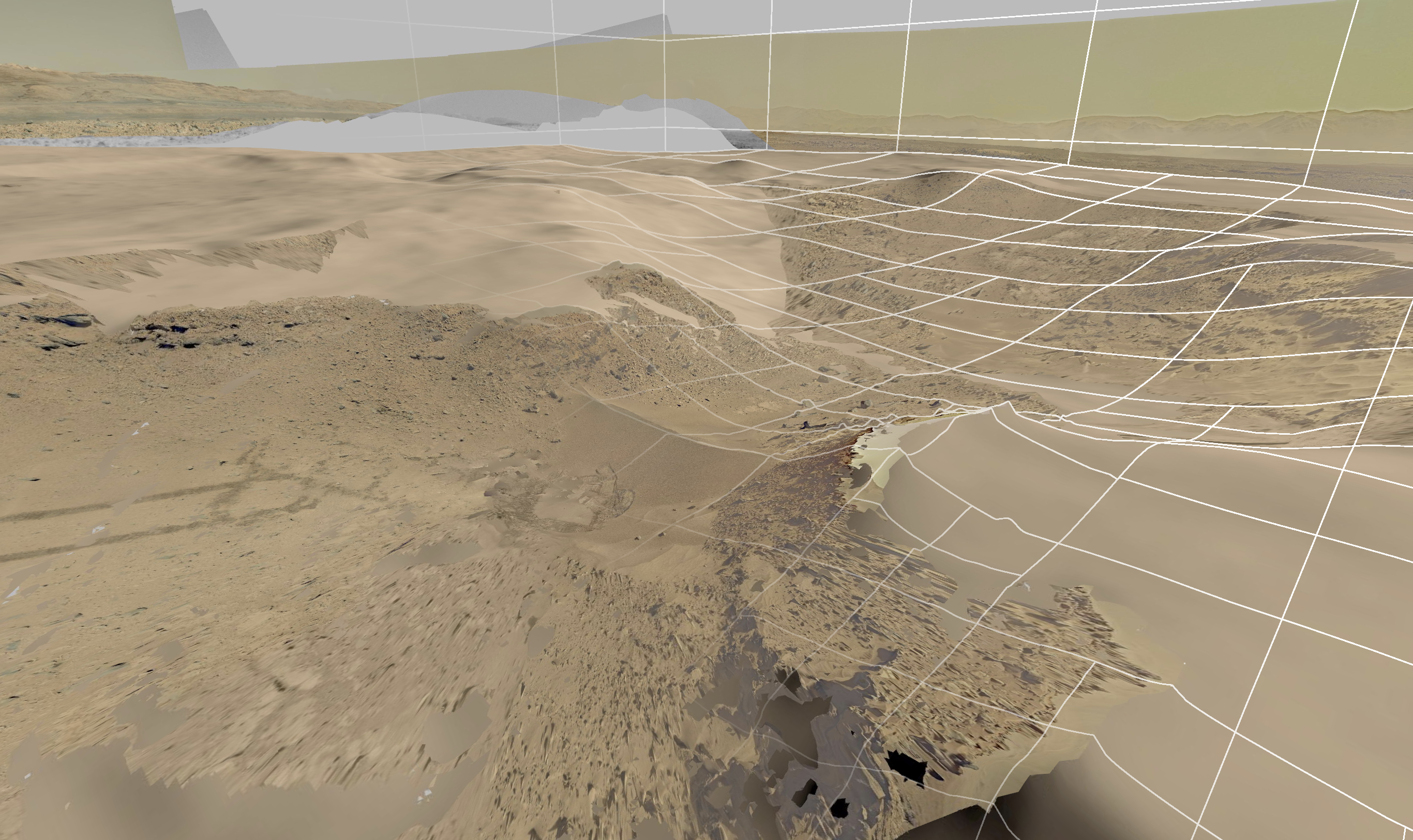 Close up image of Mars landscape, partially ocvered in a grid of tiles outlines