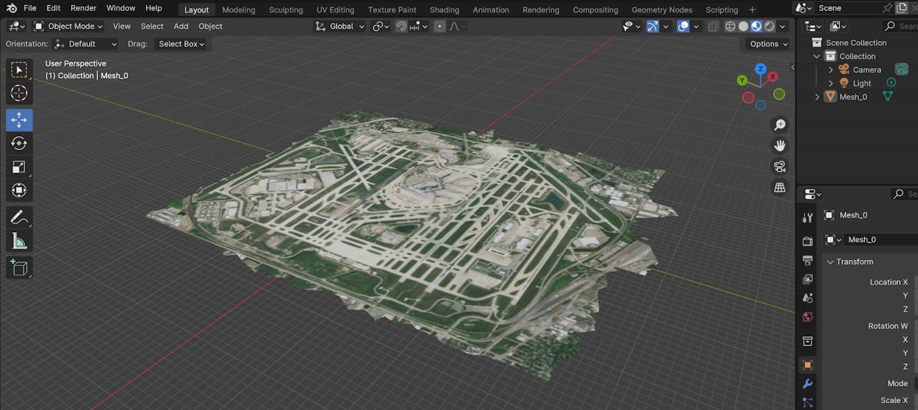 Editing real-world data from Cesium in Blender: Chicago O’Hare International Airport in Blender, clipped from Cesium ion as a glTF model and joined into a single Blender mesh.