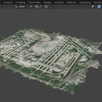 Editing real-world data from Cesium in Blender: Chicago O’Hare International Airport in Blender, clipped from Cesium ion as a glTF model and joined into a single Blender mesh.