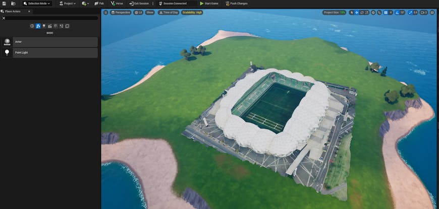 Melbourne Rectangular Stadium as a downloaded glTF model, placed on an island in Unreal Editor for Fortnite. Some mesh artifacts were removed or flattened before importing into UEFN.