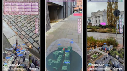 3 screenshots of navigAtoR, showing navigation on city streets with a 3D model overlaid on the city view
