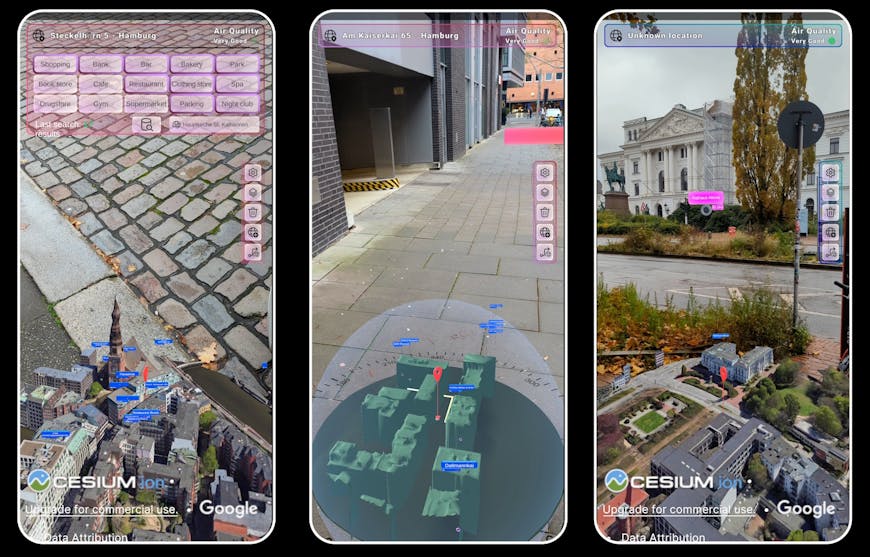 3 screenshots of navigAtoR, showing navigation on city streets with a 3D model overlaid on the city view
