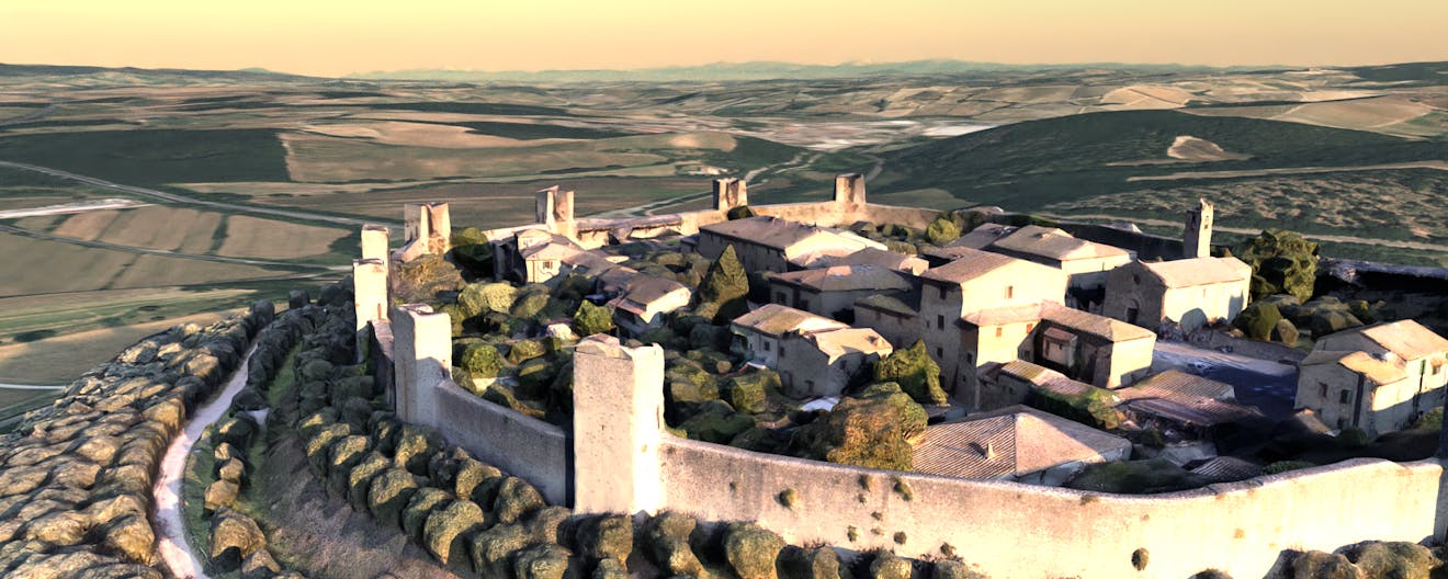 Sketchfab model of walled town Monteriggioni, Italy, imported via Cesium ion, placed on Cesium World Terrain with Bing Imagery, and visualized with Cesium for Omniverse. Sketchfab model: Monteriggioni: HIGH quality by omnidirectional with CC Attribution.