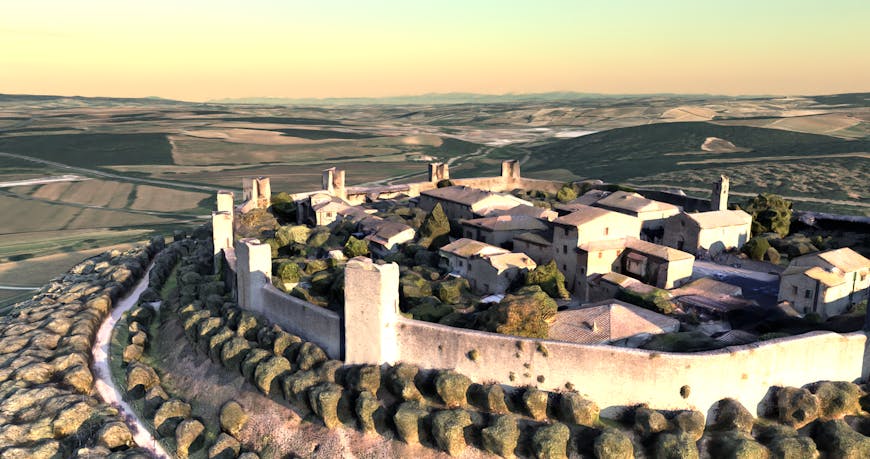 Sketchfab model of walled town Monteriggioni, Italy, imported via Cesium ion, placed on Cesium World Terrain with Bing Imagery, and visualized with Cesium for Omniverse. Sketchfab model: Monteriggioni: HIGH quality by omnidirectional with CC Attribution.