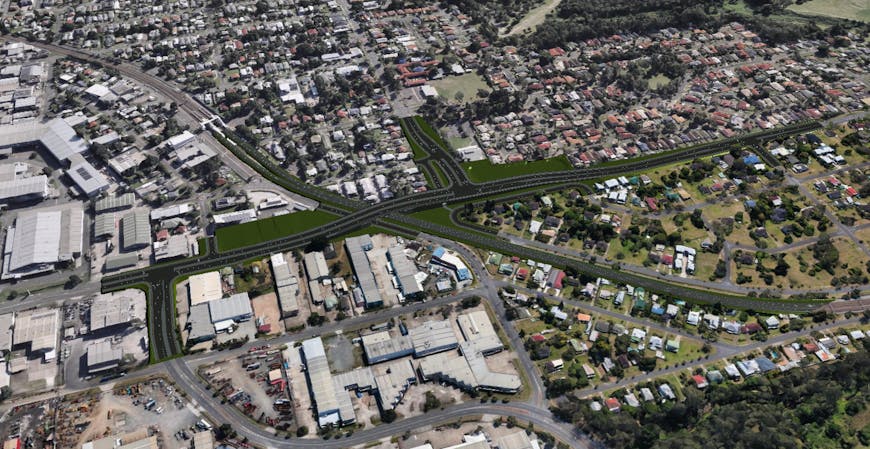 A roadway design model outside of Brisbane, Australia, inset into Google Photorealistic 3D Tiles using a clipping polygon in CesiumJS.