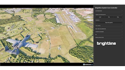 Airplane flying over terrain visualized with Cesium for Omniverse in Brightline Interactive's SpatialCore app.