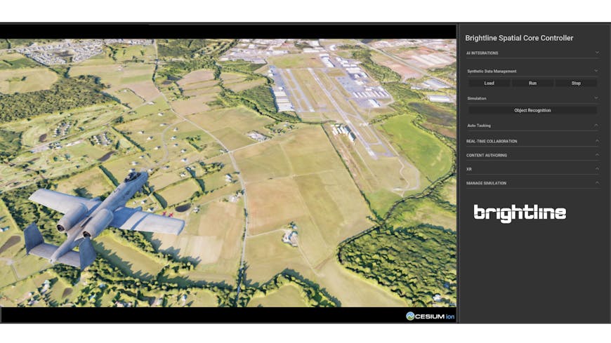 Airplane flying over terrain visualized with Cesium for Omniverse in Brightline Interactive's SpatialCore app.