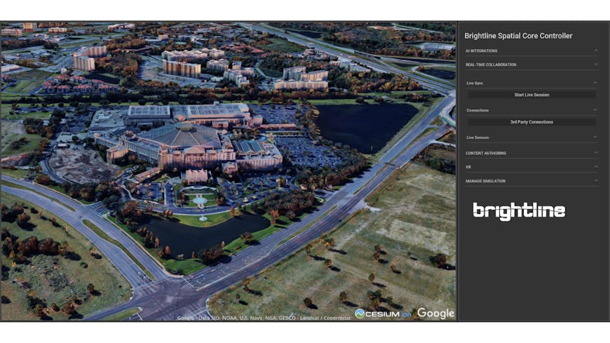 Buildings and roads visualized with Cesium for Omniverse in Brightline Interactive's SpatialCore app.