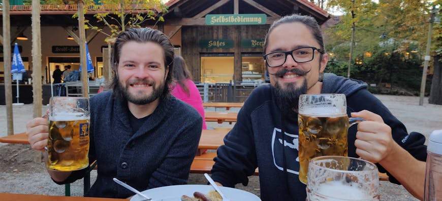 John, left, with his brother at Augustiner-Keller beer garden in Munich, Germany.