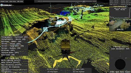 RUMI combines disparate data streams in one interactive 3D space with Cesium for Unreal. Courtesy Ocean Exploration Trust. The teal line shows the dive track of ROV Hercultes.