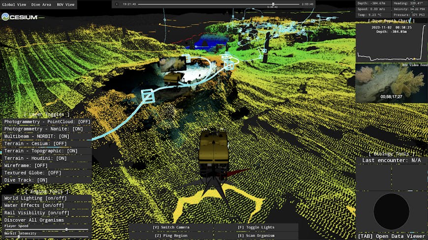 RUMI combines disparate data streams in one interactive 3D space with Cesium for Unreal. Courtesy Ocean Exploration Trust. The teal line shows the dive track of ROV Hercultes.