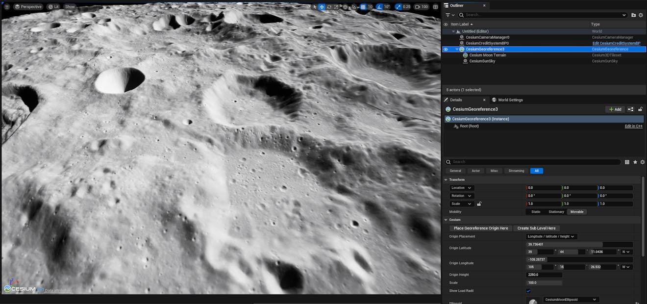 In the World Outliner, zoom to the CesiumMoonTerrain actor to view the Cesium Moon Terrain dataset.