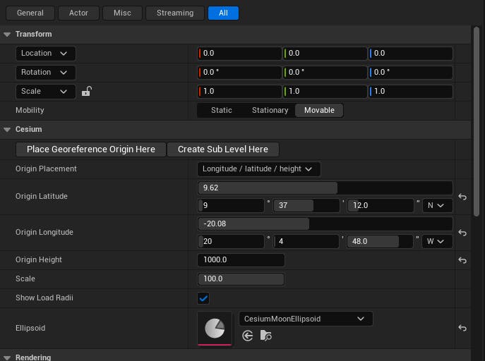 Moon georeference: Click on the CesiumGeoreference actor in the World Outliner. In the Details panel, look for the Latitude, Longitude, and Height variables under the Cesium category.