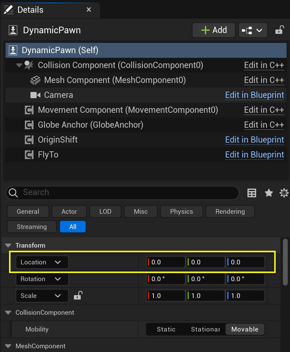 Cesium for Unreal tutorial: Make sure the dynamic pawn’s location is set to the world origin, 0,0,0 in the details panel.