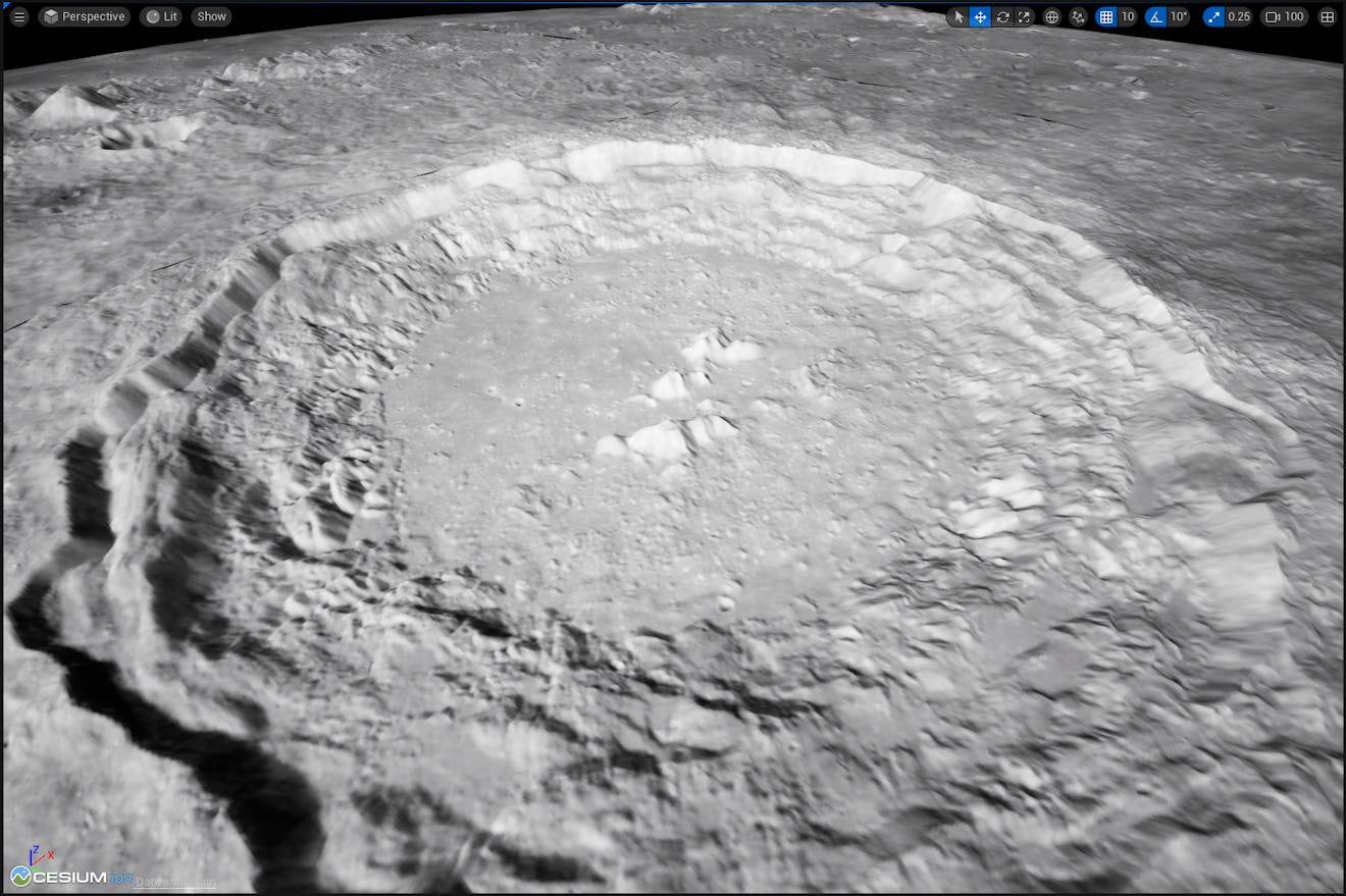 The Copernicus Crater, visualized with Cesium Moon Terrain in Cesium for Unreal.