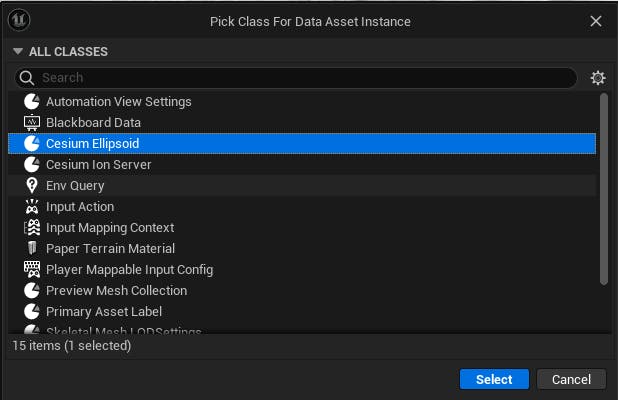 Select the Cesium Ellipsoid from the available classes.