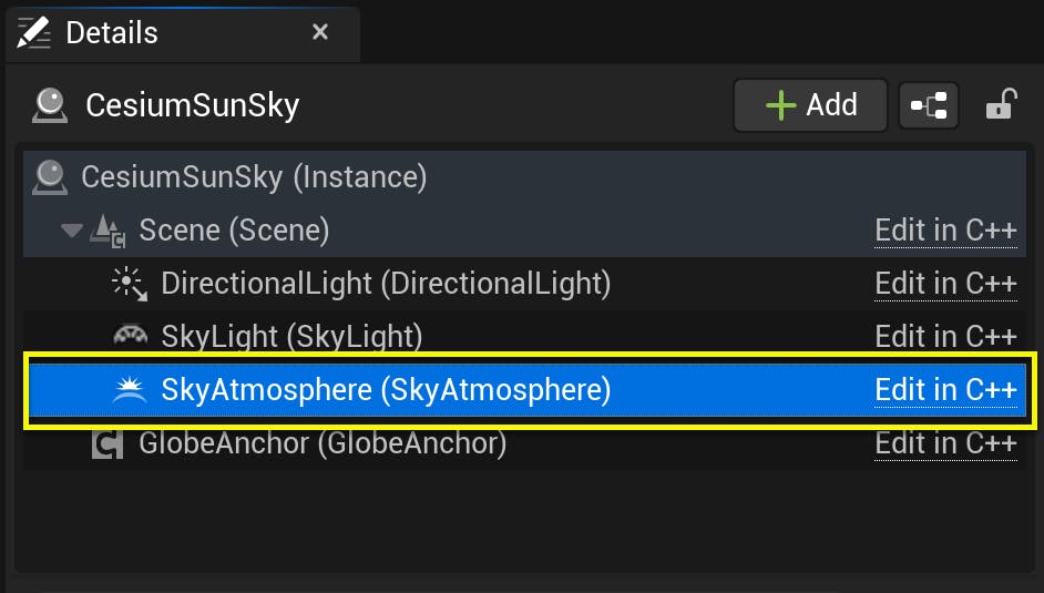 With the CesiumSunSky actor selected in the Outliner, select the SkyAtmosphere component.