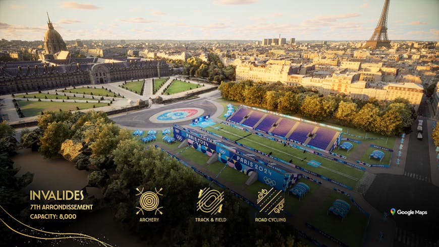 Archery takes place at Invalides. Courtesy NBC Sports. The 3D model of Invalides is visualized among Photorealistic 3D Tiles via Cesium for Unreal.