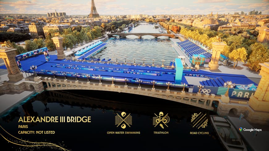 The Alexandre III Bridge is the start and finish for the triathlon, the start for the open-water swim, and the finish line for cycling time trials. Courtesy NBC Sports. The 3D model of the Alexandre III Bridge is visualized among Photorealistic 3D Tiles via Cesium for Unreal.