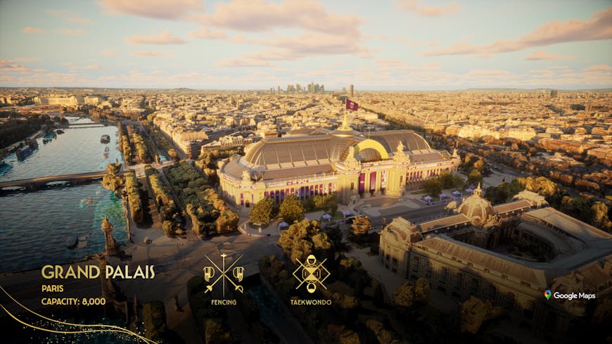 Grand Palais hosts fencing and Taekwondo. Courtesy NBC Sports. The 3D model of the Grand Palais is visualized among Photorealistic 3D Tiles via Cesium for Unreal.