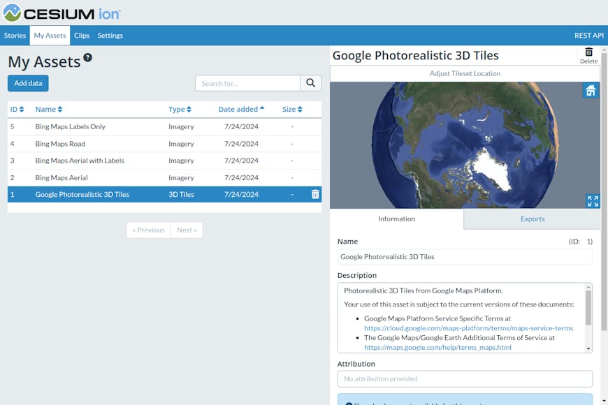 Cesium ion Self-Hosted with Bing and Google data assets added from Cesium ion SaaS