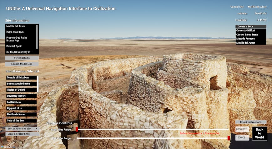 Cesium Research's Universal Navigation Interface to Civilization (UNICiv) - La Motilla del Azuer, 3D Model from Global Digital Heritage on SketchFab. Tour site list shows manually added fortification sites