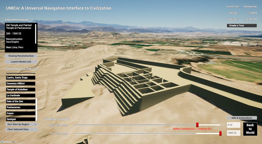 Cesium Research's Universal Navigation Interface to Civilization (UNICiv) - Perspective view of the reconstructed Old Temple at Pachacamac in Peru. Site list controls set to Common Era (0-1500 CE). Cesium World Terrain shows the present-day view of the Lima Province.