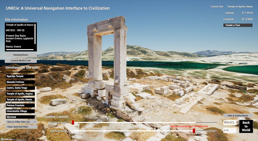 Cesium Research's Universal Navigation Interface to Civilization (UNICiv) - Temple of Apollo - Naxos Greece, 3D Model by Vasilis Haroupas on SketchFab. Simultaneous Site List shows all available BCE models.