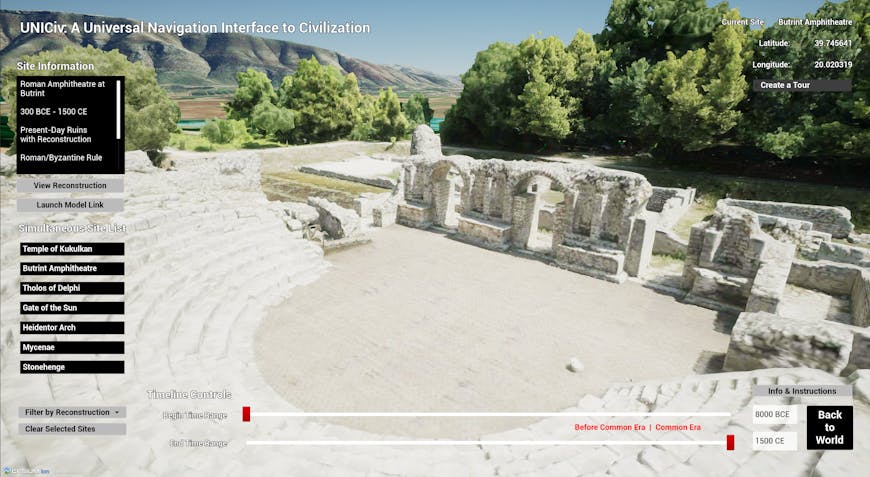 Cesium Research's Universal Navigation Interface to Civilization (UNICiv) - Amphitheatre of Butrint, 3D Model by Ørjan Sandland, imported from Sketchfab (CC Attribution). Simultaneous Site List shows all sites with reconstructions (not pictured) available to view. The Albanian mountains are part of Cesium World Terrain with Bing Maps Aerial Imagery.