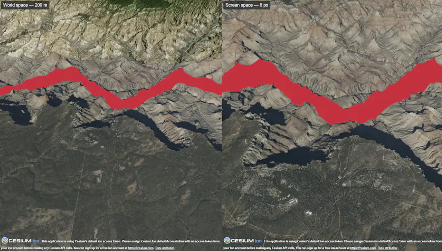 Improved support in CesiumJS for rendering wide vector lines, in both "pixels" and "meters" width units, Data HydroSHEDS version 1 database from © World Wildlife Fund, Inc. and Cesium World Terrain.