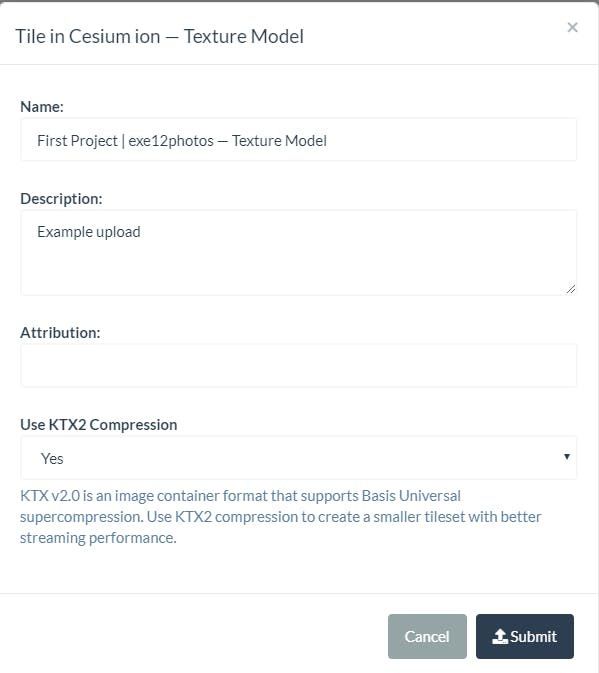 WebODM dialog popup rename asset, add description, enable Cesium ion options