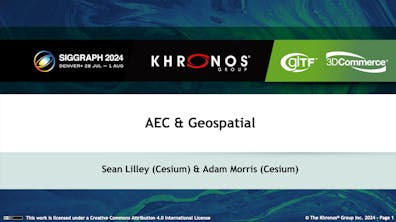 A presentation slide for a session at SIGGRAPH 2024 titled "AEC & Geospatial." Presenters are Sean Lilley and Adam Morris.