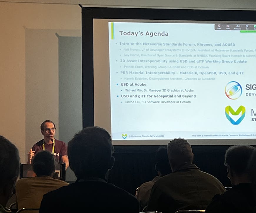 Patrick Cozzi moderating "The State of 3D Asset Interoperability using USD and glTF" at SIGGRAPH 2024.