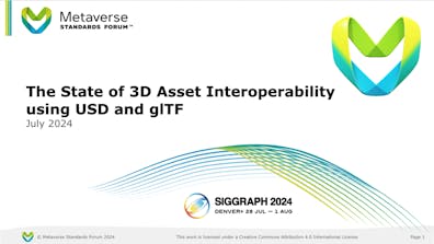 A presentation slide for a session at SIGGRAPH 2024 titled "The State of 3D Asset Interoperability using USD and glTF." Presenters are Patrick Cozzi and Janine Liu.